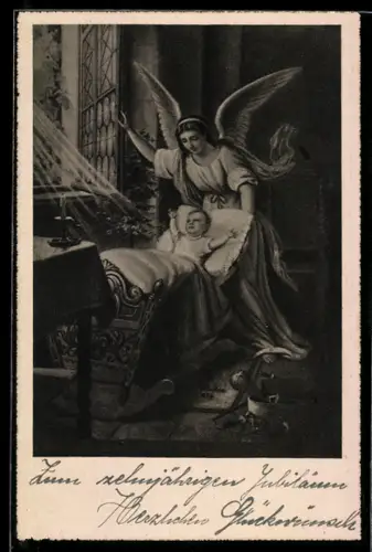 AK Schutzengel behütet Baby am offenen Fenster