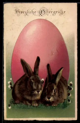AK Fröhliche Ostern, Osterhasen und gigantisches Ei