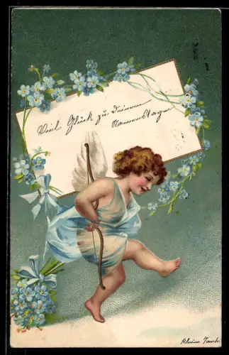 Präge-AK Engel mit Gruss zum Namenstag und Vergissmeinnicht
