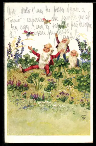 AK Zwerge auf einer Frühlingswiese mit Maikäfern und Kleeblättern, Namenstag