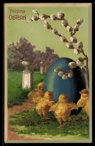 Präge-AK Osterküken tanzen um ein grosses Ei