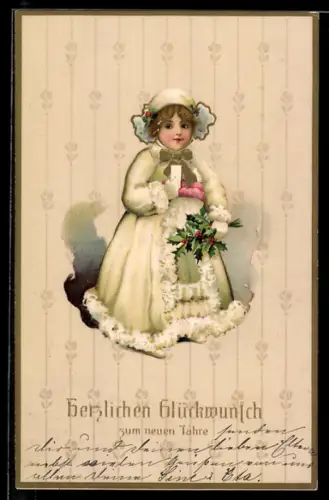 Präge-AK Kind mit goldener Schleife und Stechpalmenzweig, Neujahrsgruss