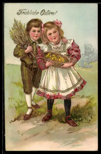 AK Kinder mit Osterküken im Körbchen