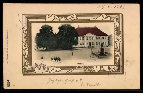 Lithographie Ratzeburg, Markt mit Rathaus, Passepartout