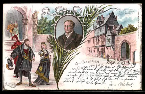 Lithographie Alt-Frankfurt, Portrait Goethe, Altes Goethehaus
