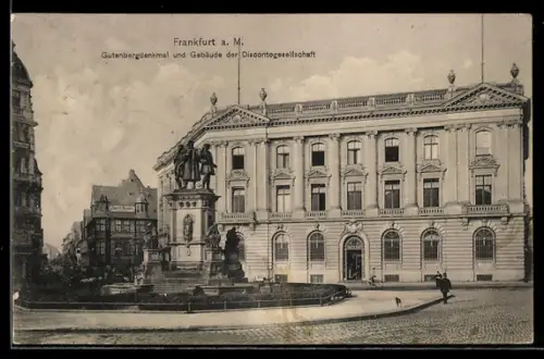 AK Frankfurt a. M., Gutenbergdenkmal und Gebäude der Discontogesellschaft