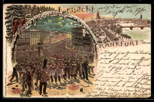 Winter-Lithographie Frankfurt /Main, Sylvesternacht auf der Zeil