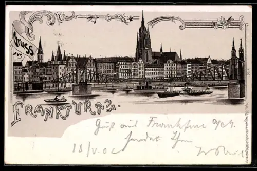 Lithographie Frankfurt a. M., Uferpartie mit Brücke