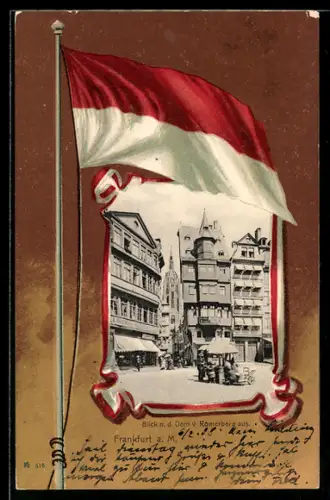 Passepartout-Lithographie Alt-Frankfurt, Blick n.d. Dom v. Römerberg aus gesehen, Flagge