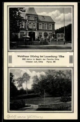 AK Lauenburg /Elbe, Waldgasthaus Glüsing Joh. Ohle, Ortspartie