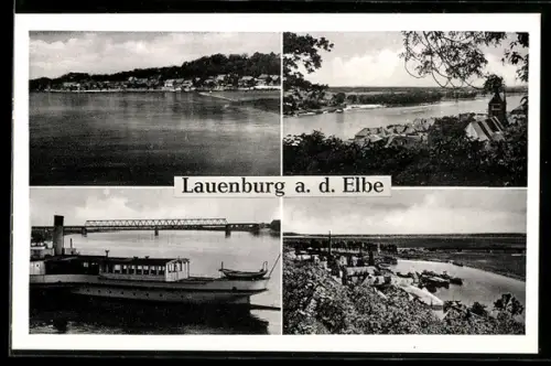 AK Lauenburg a. d. Elbe, Elbpanorama, Schiffsanleger, Brücke, Hafenansicht