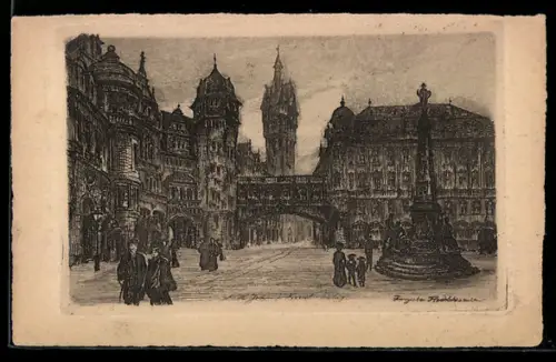 Künstler-AK Frankfurt /Main, Altes Rathaus mit Denkmal und Brücke