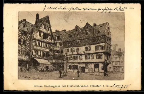 Künstler-AK sign. P. Matthes-Zaandain: Alt-Frankfurt, Grosse Fischergasse, Freiheitsbrunnen