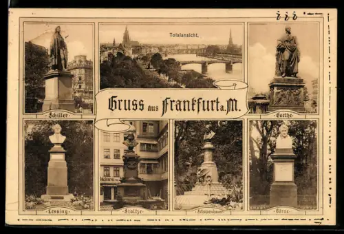 AK Frankfurt a. M., Totalansicht, Schiller-, Goethe-, Lessing-, Stolze-, Schopenhauer-, Börne-Denkmal