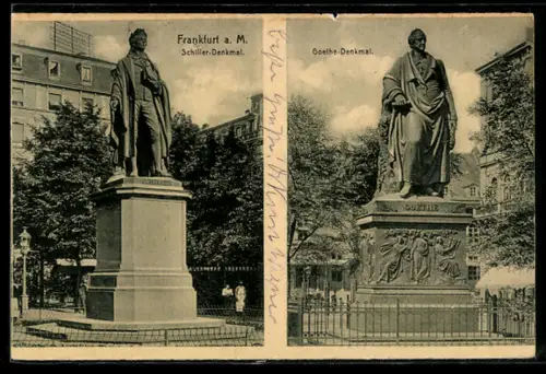AK Frankfurt a. M., Schiller-Denkmal, Goethe-Denkmal
