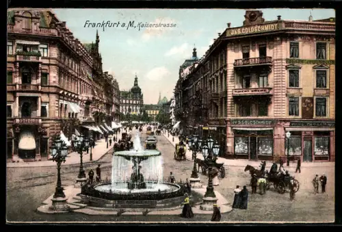 AK Frankfurt a. M., Kaiserstrasse, Brunnen, Geschäftshaus J. & S. Goldschmidt