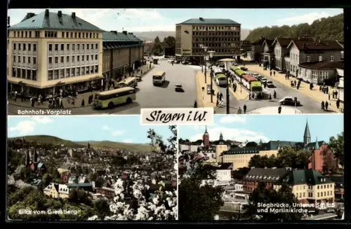 AK Siegen i. W., Bahnhofs-Vorplatz, Blick vom Giersberg, Siegbrücke, Unteres Schloss und Martinikirche