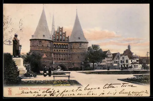 AK Lübeck, Holstentor, Bismarck-Denkmal