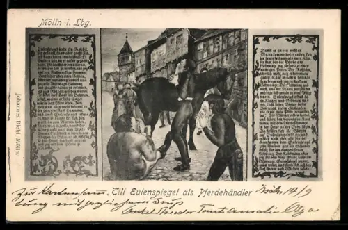 AK Mölln i. Lbg., Till Eulenspiegel als Pferdehändler