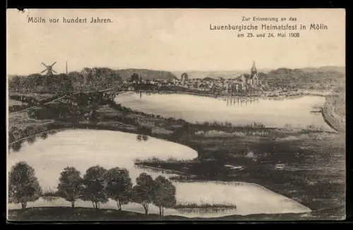 AK Mölln, Lauenburgisches Heimatfest 1908, Ansicht aus der Vogelschau