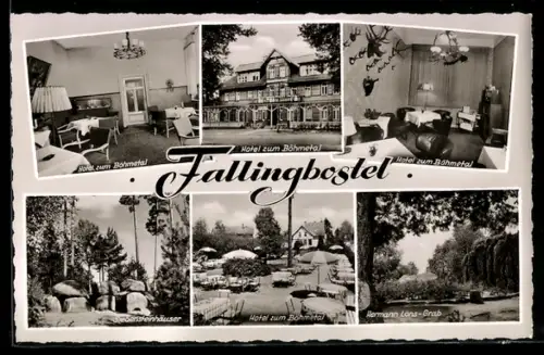 AK Fallingbostel, Hotel zum Böhmetal, Hermann Löns-Grab, Sieben Steinhäuser