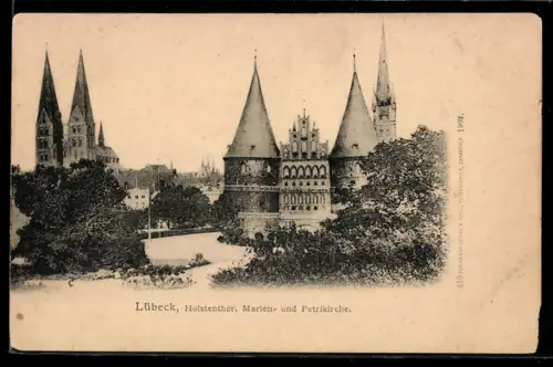 AK Lübeck, Holstentor, Marienkirche, Petrikirche