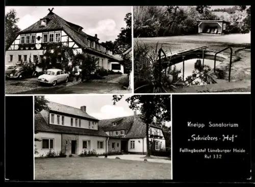 AK Fallingbostel /Lüneburger Heide, Kneipp-Sanatorium Schriebers-Hof, Teich, Strassenpartie