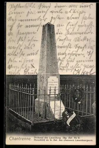 AK Chantrenne, Denkmal des Lauenburg. 9. Jäg. Bat.