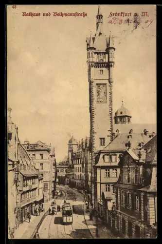 AK Frankfurt a. M., Rathaus und Bethmannstrasse aus der Vogelschau, Strassenbahn