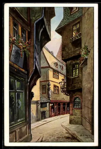 Künstler-AK Alt-Frankfurt, Hinter dem Lämmchen, Fachwerkhäuser, Altstadtgasse