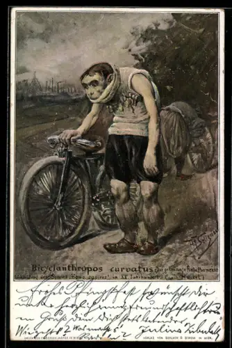 Künstler-AK Bicyclanthropos-curvatus, Affe mit Orden neben dem Fahrrad