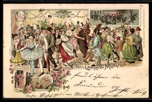 Lithographie München, Carneval, Menschen tanzen und feiern, Versatzamt, Betrunkene Menschen im Schnee