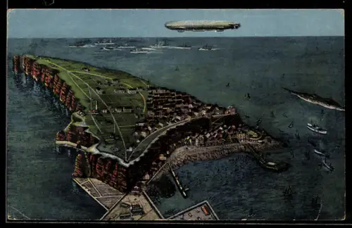 AK Helgoland, Panorama mit Luftschiff