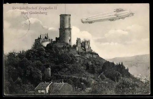 AK Godesberg, Reichsluftschiff Zeppelin II über dem Ort mit Burg