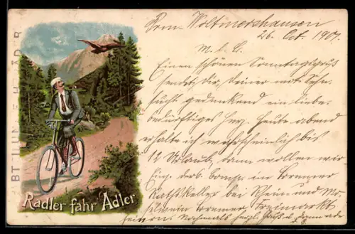 Lithographie Reklame für Fahrräder von Adler, Radfahrer sieht zu einem Adler herauf