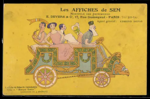 Künstler-AK Paris, Auto Marque Rheda, Les Affiches de Sem, E. Devers, 17 Rue Guénégaud, Marque Rheda