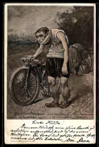 Künstler-AK Bicyclanthropos-curvatus, Affe mit Orden neben dem Fahrrad