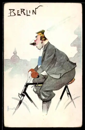 Künstler-Lithographie sign. Rossetti: Berlin, Dicker Radfahrer, Stadttyp