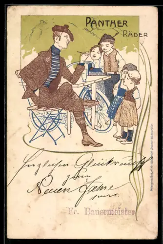 AK Reklame für Panther-Fahrrad, Radfahrer umgeben von Kindern