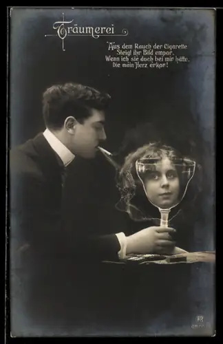 AK Träumerei, Frauengesicht erscheint im Zigarettenrauch eines Mannes