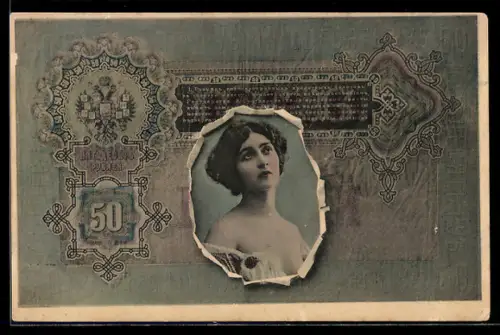 AK Russischer Geldschein 50 Rubel, Porträt einer jungen Dame