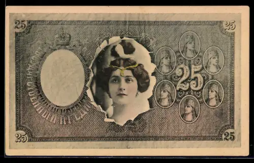AK Russischer Geldschein 25 Rubel, Porträt einer Dame mit Diadem
