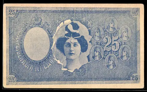 AK Russischer Geldschein 25 Rubel, Porträt einer Dame mit Diadem