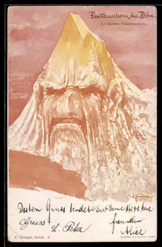 Künstler-AK sign. E. Hansen / Emil Nolde: Das Böse Finsteraarhorn, Berg mit Gesicht / Berggesichter, Farbenfehldruck