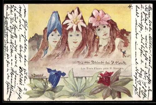 Künstler-AK sign. E. Hansen / Emil Nolde: St. Moritz, Die drei Blümli, Berg mit Gesicht / Berggesichter