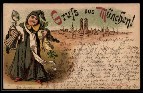 Vorläufer-Lithographie München, 1889, Münchner Kindl mit Bierkrug und Rüben