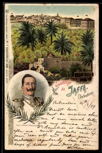 Lithographie Jaffa, Totalansicht mit Orangengarten und Portrait von Kaiser Wilhelm II.