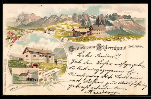 Lithographie Schlernhaus, Kapelle und Clubhütte, Panorama in dern Bergen
