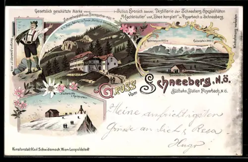 Lithographie Puchberg am Schneeberg, Schneeberghotel zum Baumgartner, Destillerie Kronich