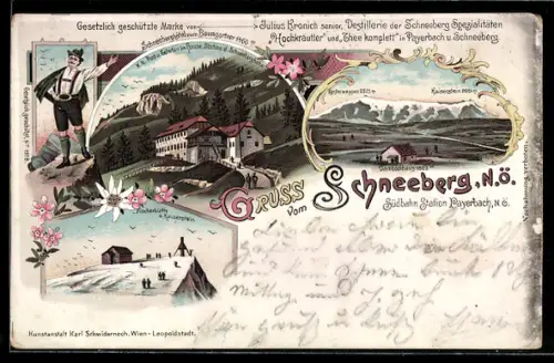 Lithographie Puchberg am Schneeberg, Schneeberghotel zum Baumgartner, Destillerie Kronich